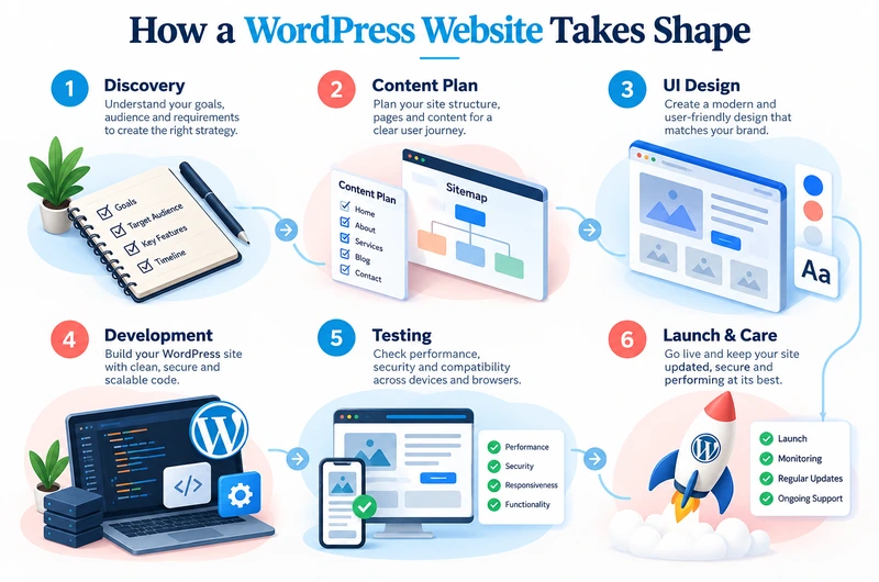 WordPress Web Development: Complete Guide, Frameworks, Programming Languages 2 Six steps of WordPress website development from planning and design to testing and launch